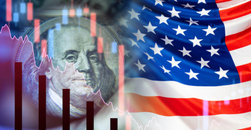 US financial market. Concept – government bonds of America. Flag of the United States of America. Franklin Partret next to the falling charts. Collapse of the economy. Crisis. Recession