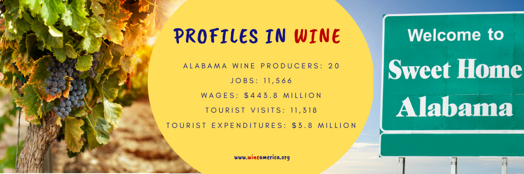 Picture of a grape cluster. Profiles in Wine, Alabama Wine Producers: 20 Jobs: 11,566 Wages: $443.8 Million Tourist Visits: 11,318 Tourist Expenditures: $3.8 Million, www.wineamerica.org. Picture of a road sign saying Sweet Home Alabama